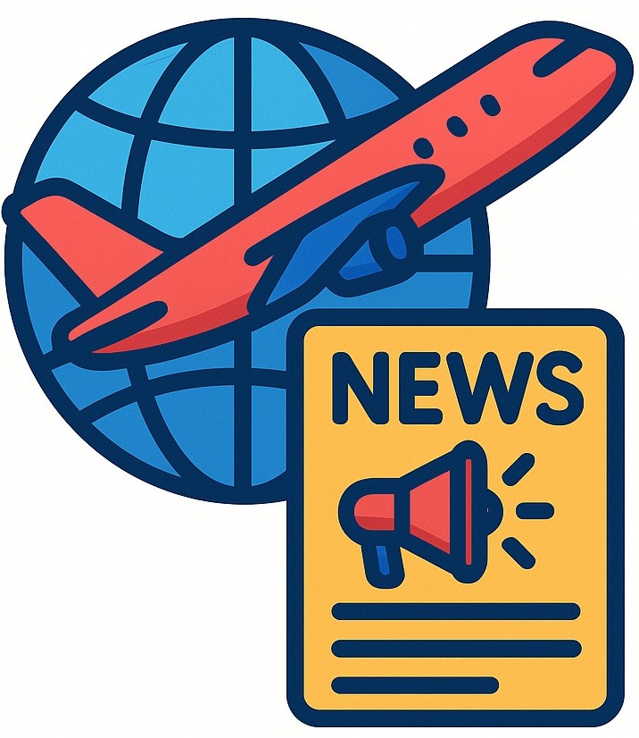 A colorful news icon related with an airplane just in from of a globe